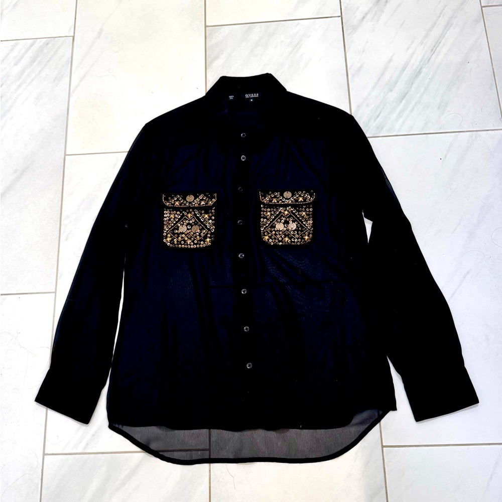 GUESS Sheer Black Button Down Shirt w/ Embellished Pockets Size Medium